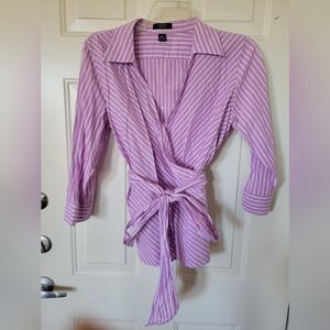 Chaps Womens Wrap Tie Cotton 3/4 Sleeve Shirt-Lavender Stripe Gently Used XL